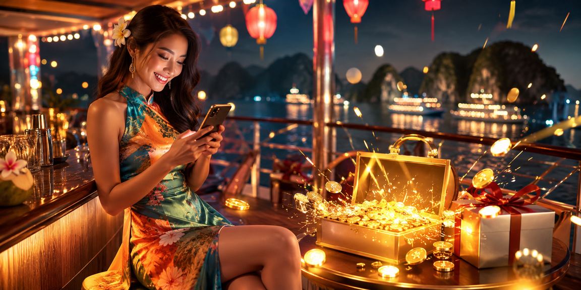 Người phụ nữ mặc áo dài trải nghiệm casino trực tuyến trên điện thoại với phong cảnh Vịnh Hạ Long